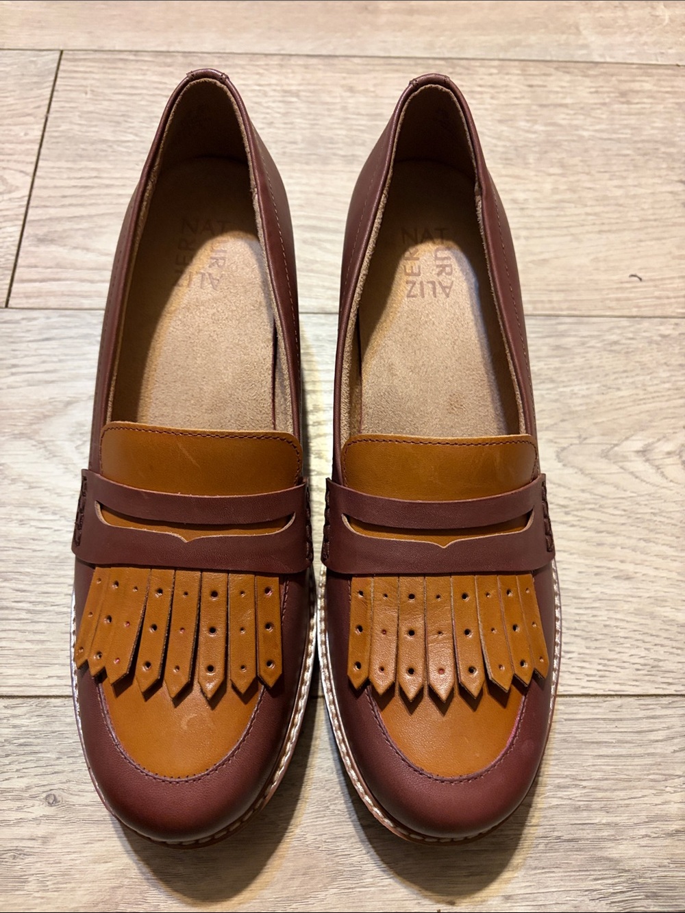 Naturalizer Two-Tone Kiltie Penny Loafers in Chestnut and Tan
